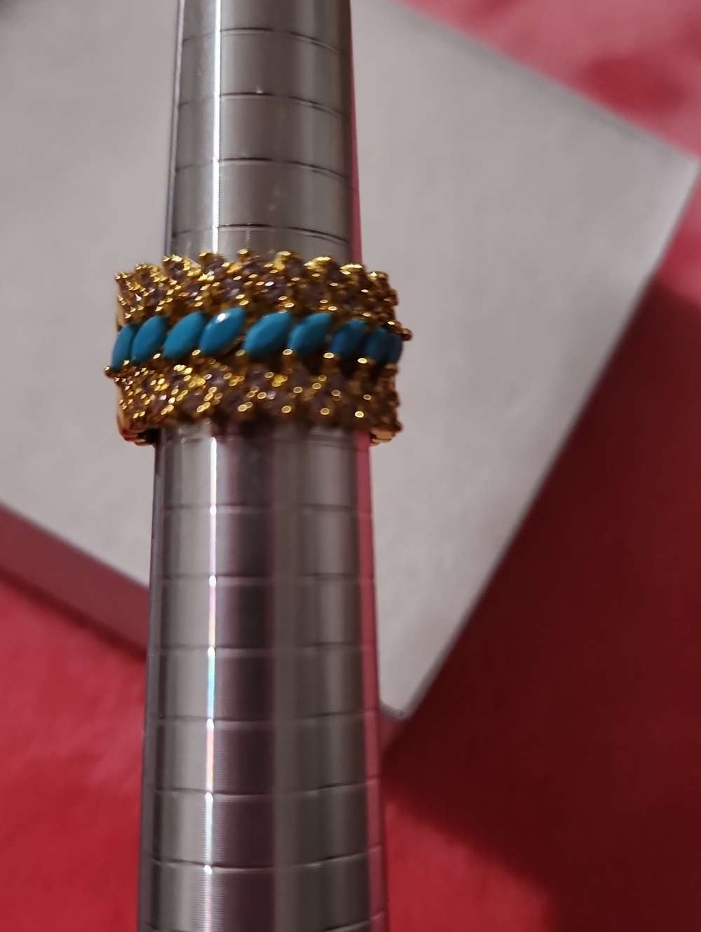 Gold Tone Ring with Turquoise Bead Accents Size 6